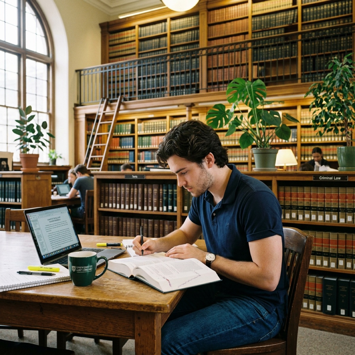 An adult studying at a library desk with a laptop